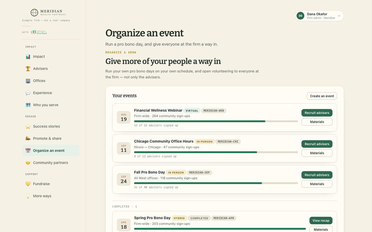 The Events view: pro bono days and what each one achieved.
